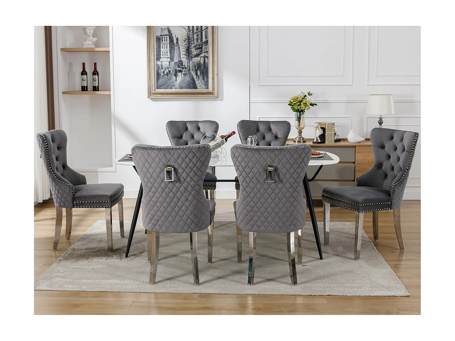 Lot de 6 chaises de salle à manger - 53 x 62.5 x 94.5 cm - chaise rembourrée - pieds en métal - velours - gris