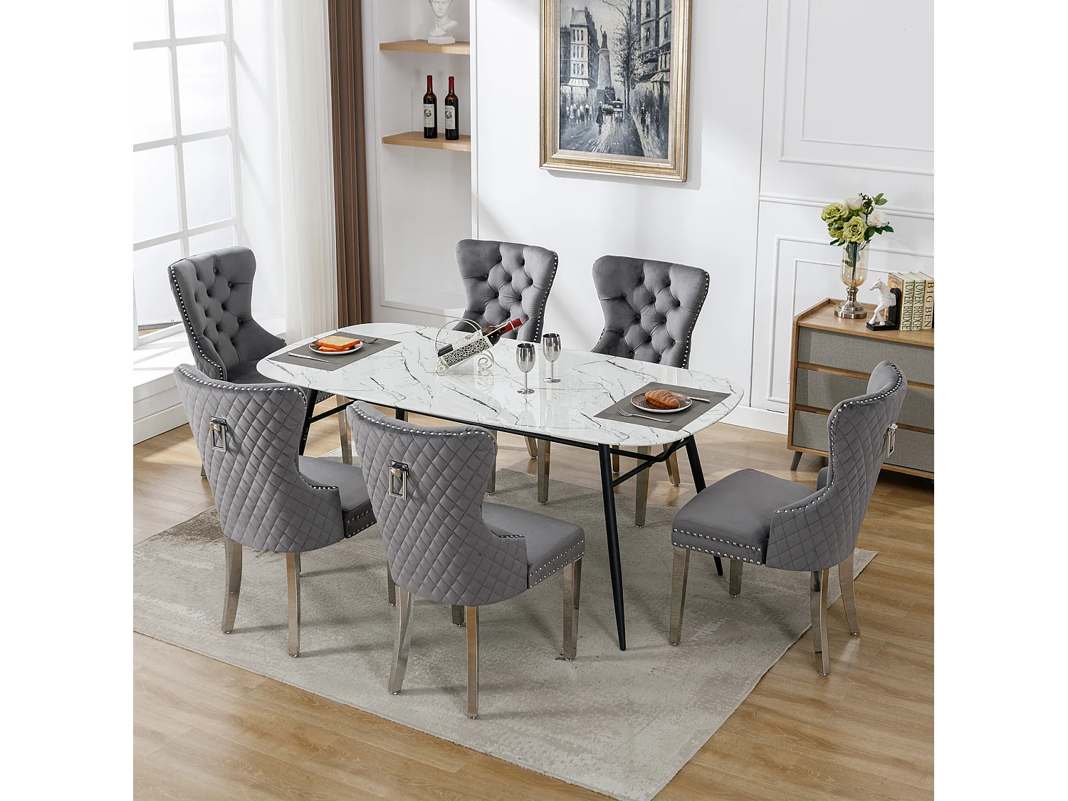 Lot de 6 chaises de salle à manger - 53 x 62.5 x 94.5 cm - chaise rembourrée - pieds en métal - velours - gris