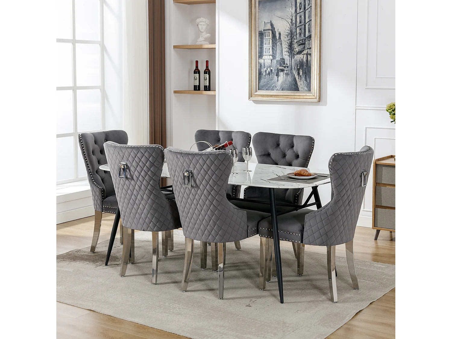 Lot de 6 chaises de salle à manger - 53 x 62.5 x 94.5 cm - chaise rembourrée - pieds en métal - velours - gris