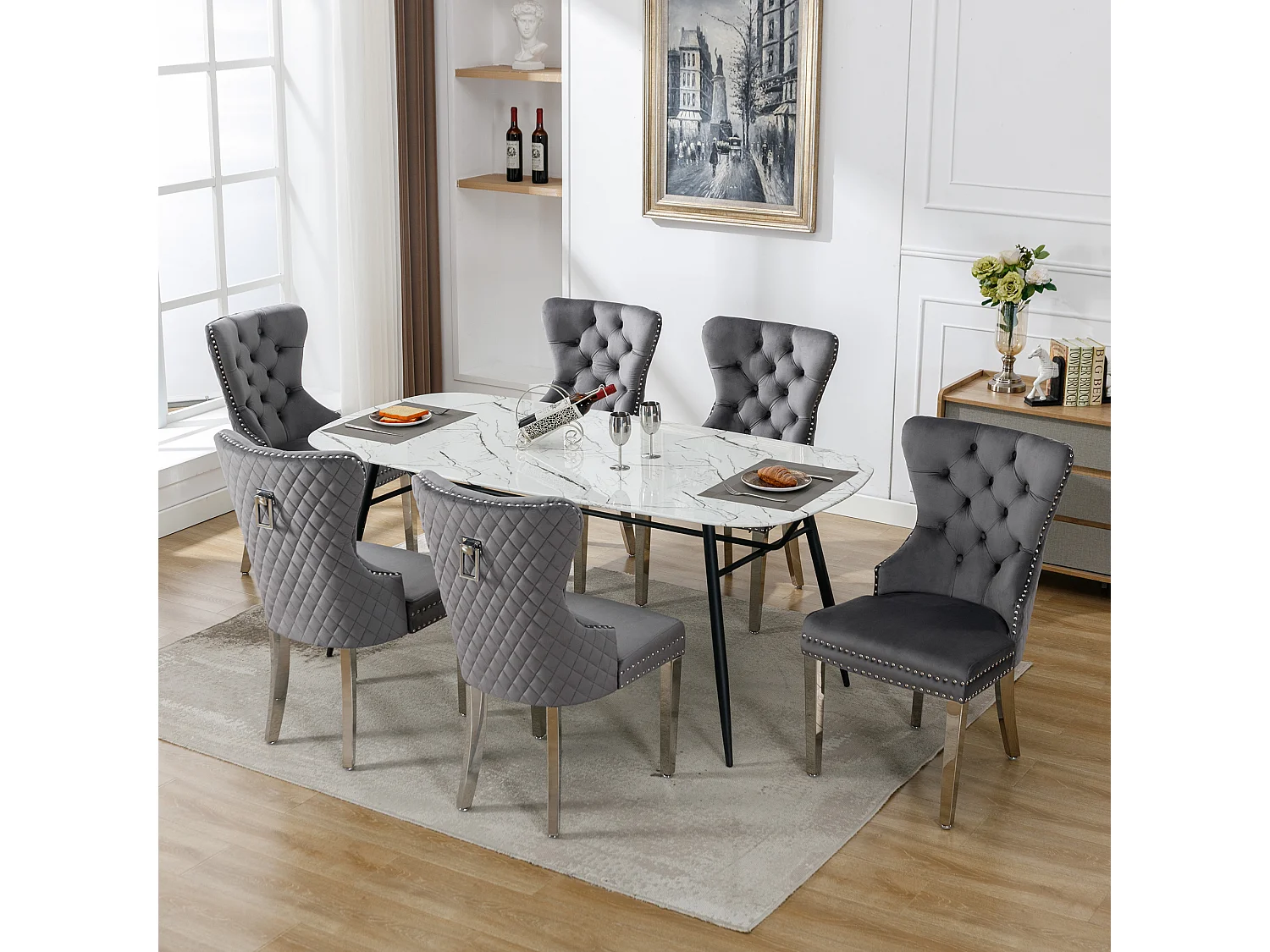 Lot de 6 chaises de salle à manger - 53 x 62.5 x 94.5 cm - chaise rembourrée - pieds en métal - velours - gris