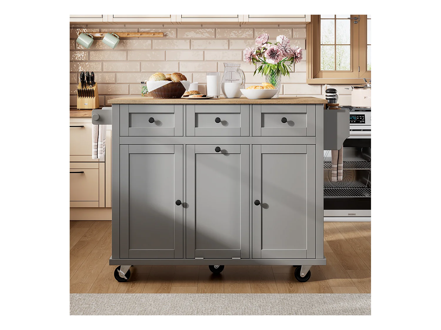 Îlot central à roulettes - 126 x 44/74 x 94 cm - plan pliable - avec 3 portes + 3 tiroirs - MDF - gris