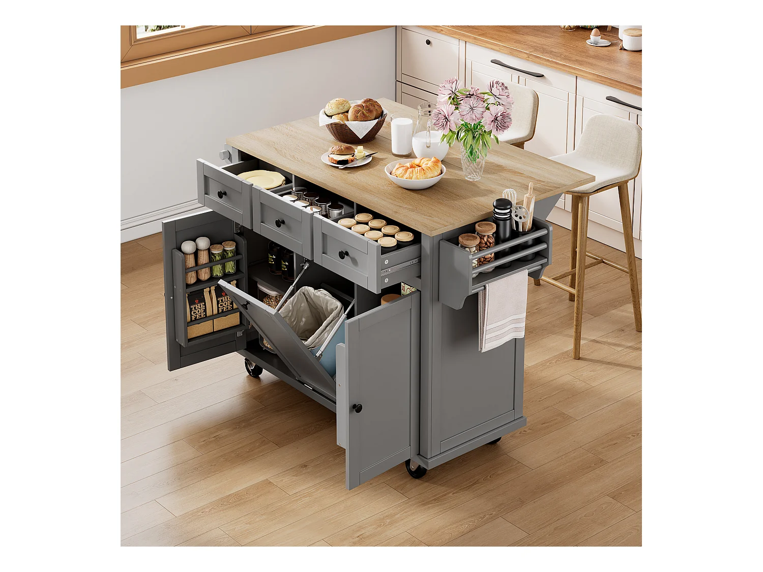 Îlot central à roulettes - 126 x 44/74 x 94 cm - plan pliable - avec 3 portes + 3 tiroirs - MDF - gris