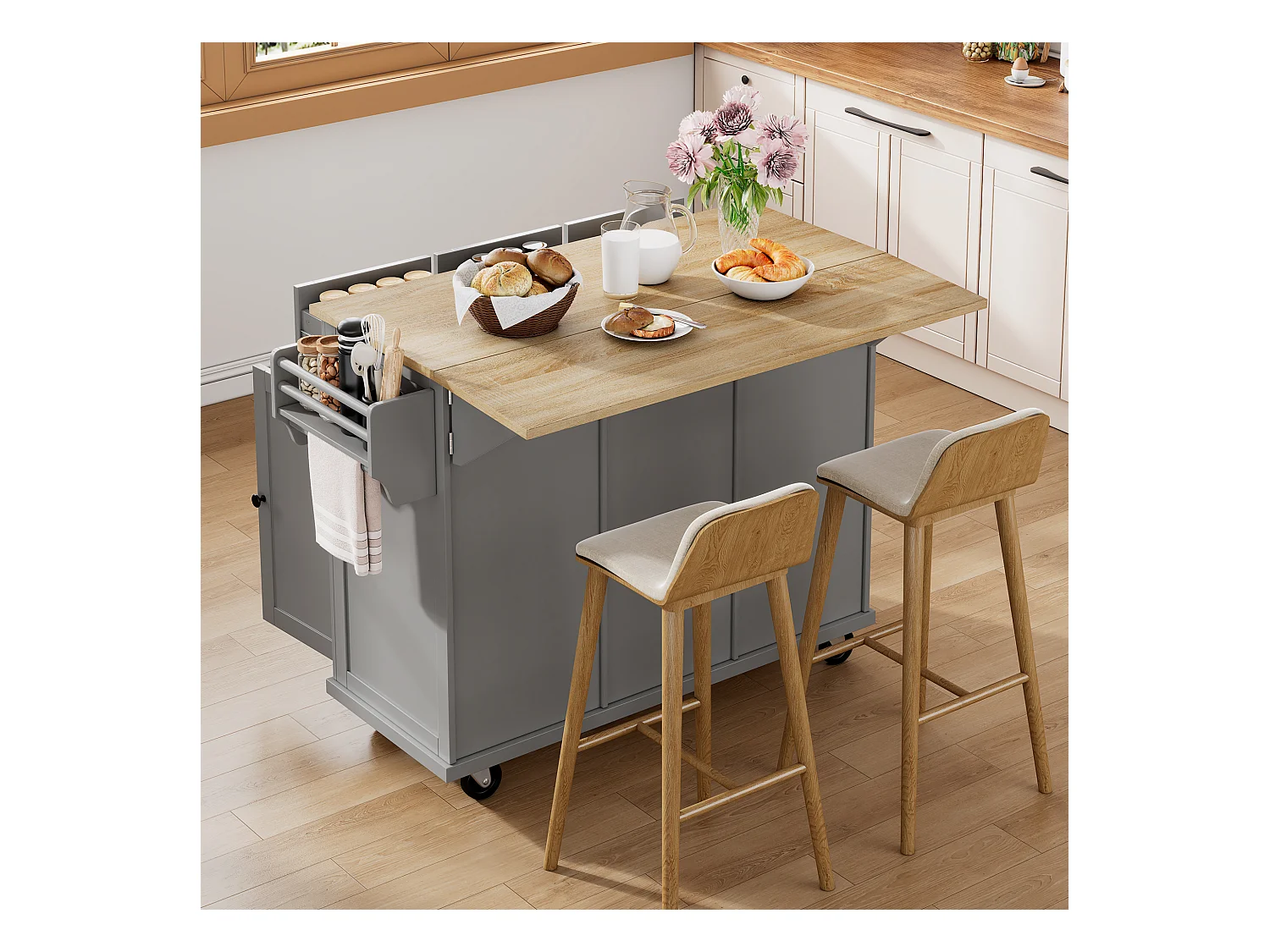 Îlot central à roulettes - 126 x 44/74 x 94 cm - plan pliable - avec 3 portes + 3 tiroirs - MDF - gris