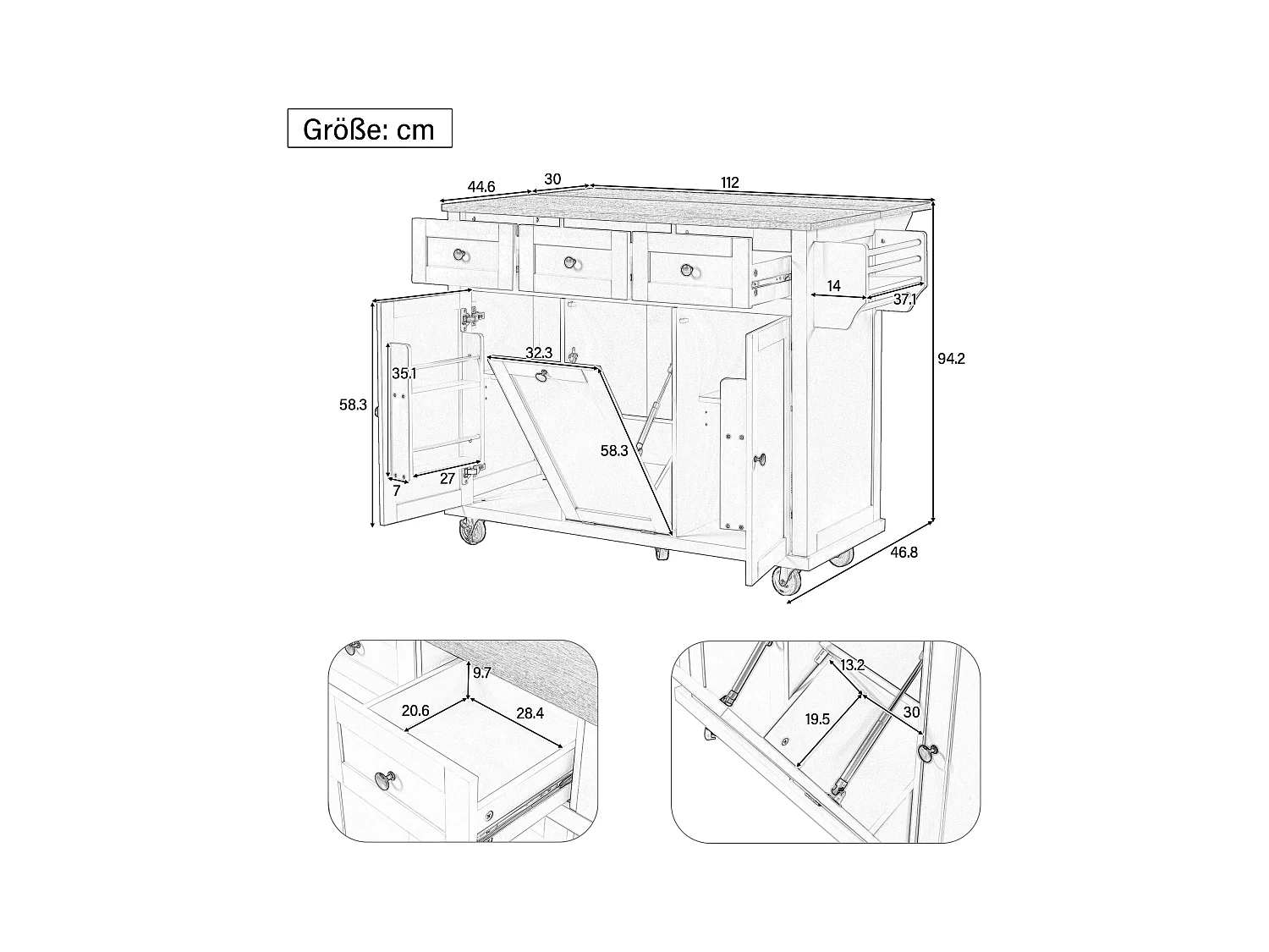 Îlot central à roulettes - 126 x 44/74 x 94 cm - plan pliable - avec 3 portes + 3 tiroirs - MDF - gris