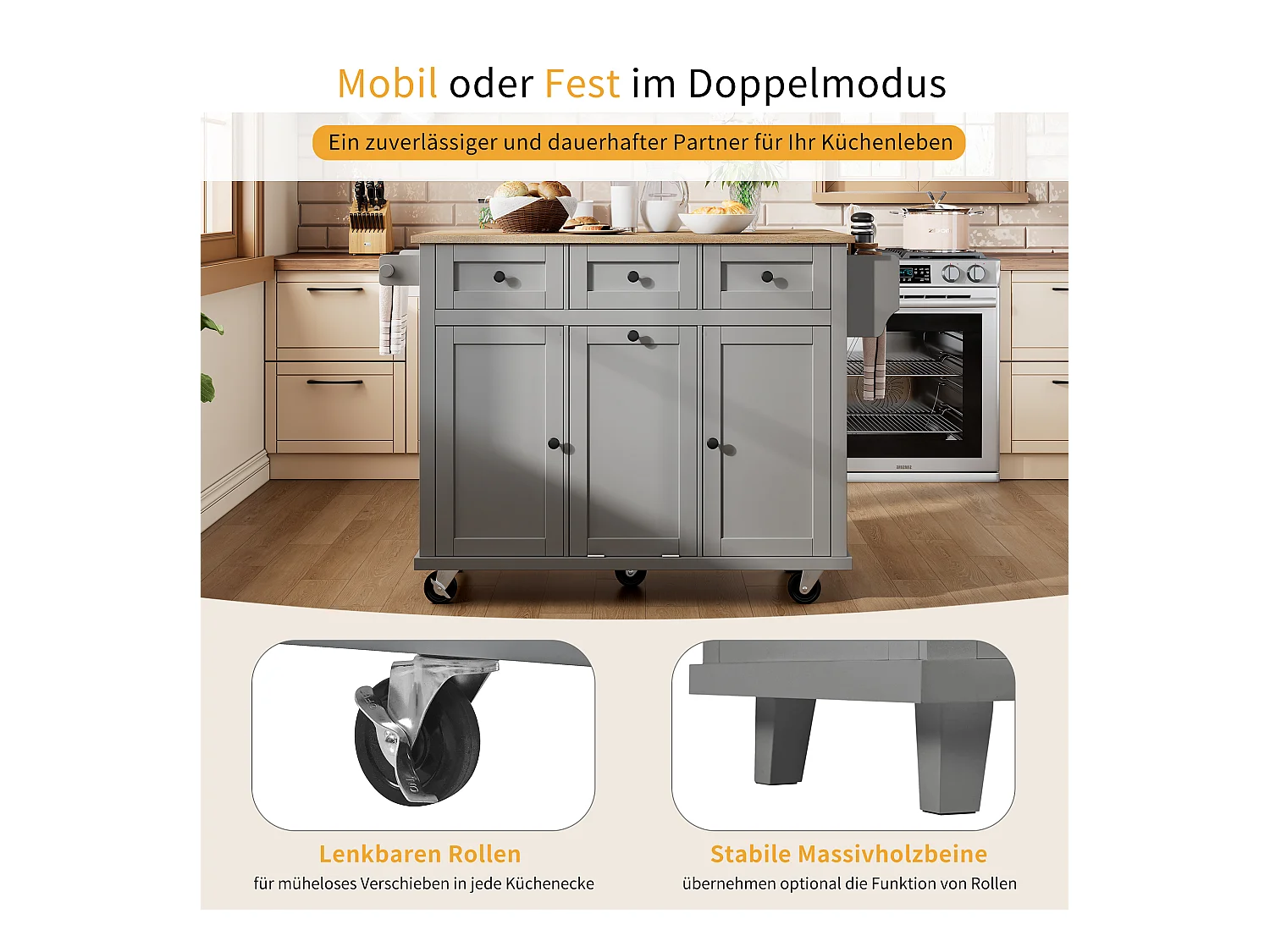 Îlot central à roulettes - 126 x 44/74 x 94 cm - plan pliable - avec 3 portes + 3 tiroirs - MDF - gris