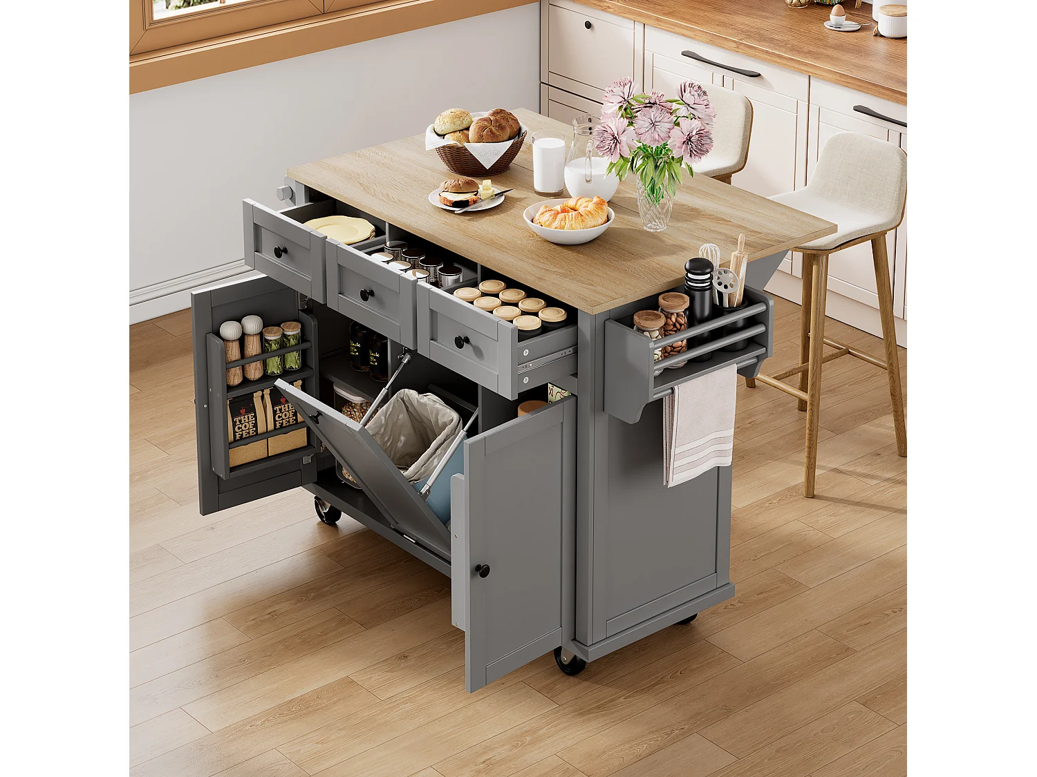 Îlot central à roulettes - 126 x 44/74 x 94 cm - plan pliable - avec 3 portes + 3 tiroirs - MDF - gris