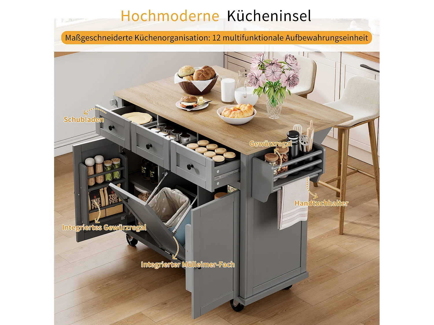 Îlot central à roulettes - 126 x 44/74 x 94 cm - plan pliable - avec 3 portes + 3 tiroirs - MDF - gris