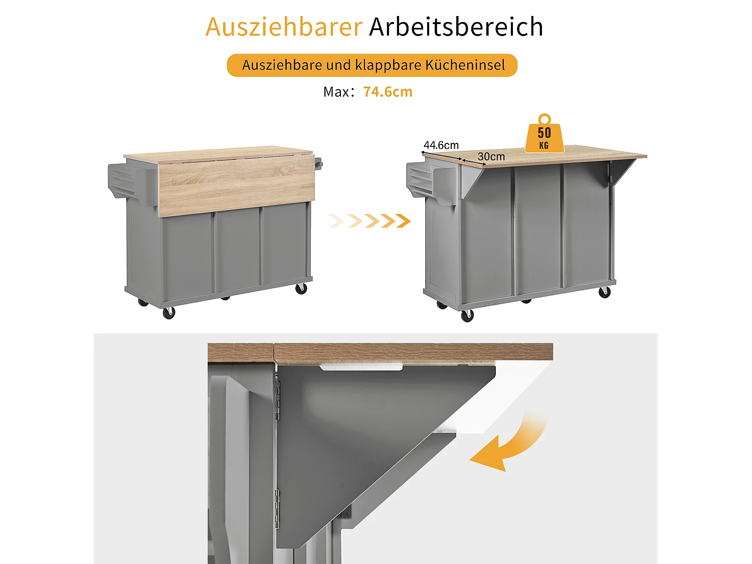 Îlot central à roulettes - 126 x 44/74 x 94 cm - plan pliable - avec 3 portes + 3 tiroirs - MDF - gris