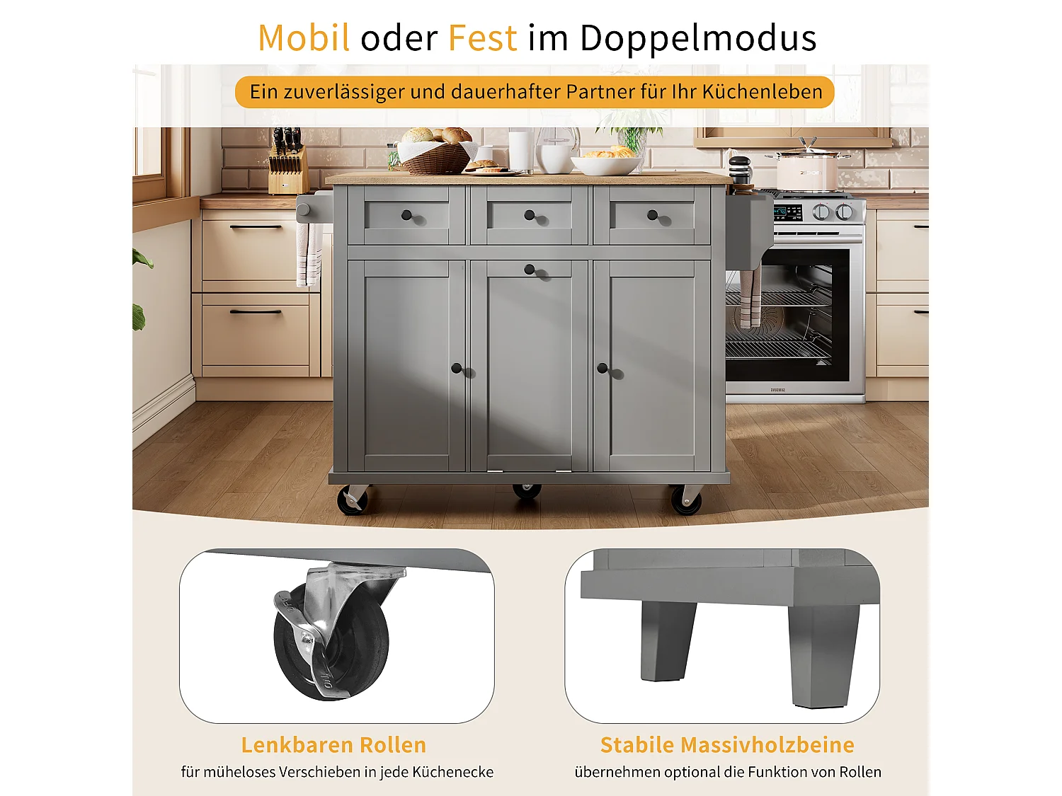 Îlot central à roulettes - 126 x 44/74 x 94 cm - plan pliable - avec 3 portes + 3 tiroirs - MDF - gris