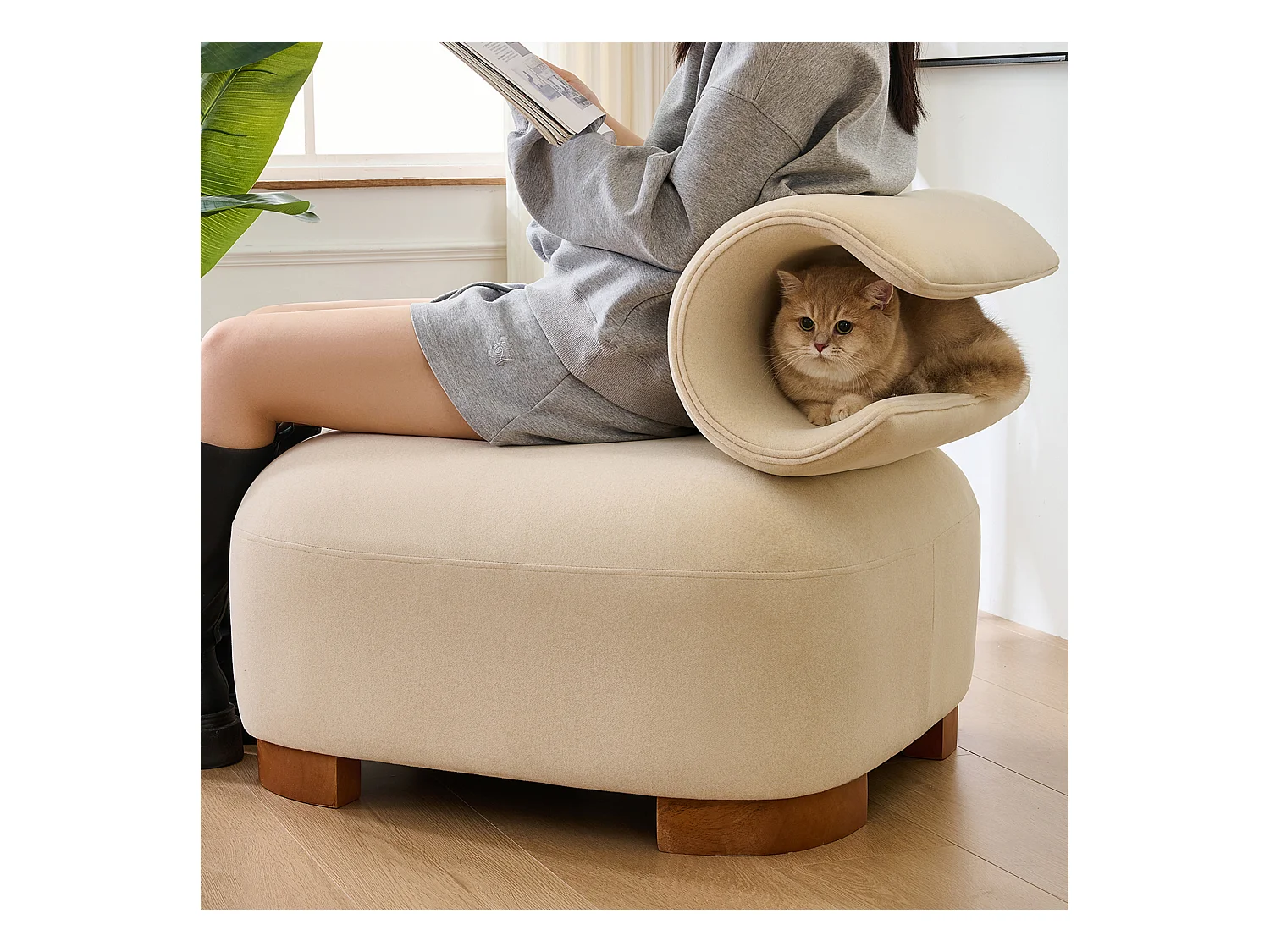 Sofa z legowiskiem dla kota - 79 x 69 x 64 cm - futon dla zwierząt - Drewno - Beżowy