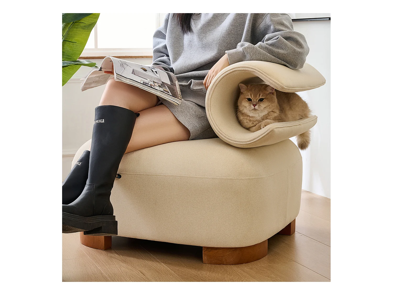 Sofa z legowiskiem dla kota - 79 x 69 x 64 cm - futon dla zwierząt - Drewno - Beżowy