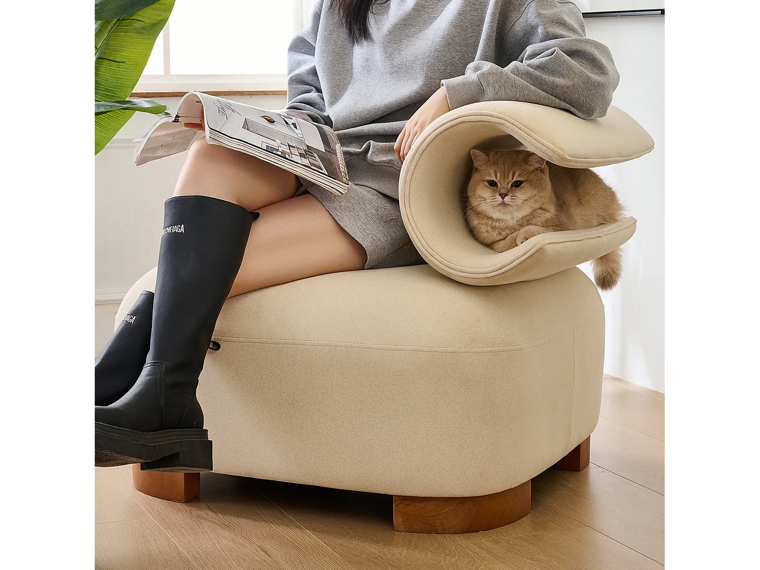 Canapé avec grotte pour chat - 79 x 69 x 64 cm - futon adapté aux animaux de compagnie - bois - beige