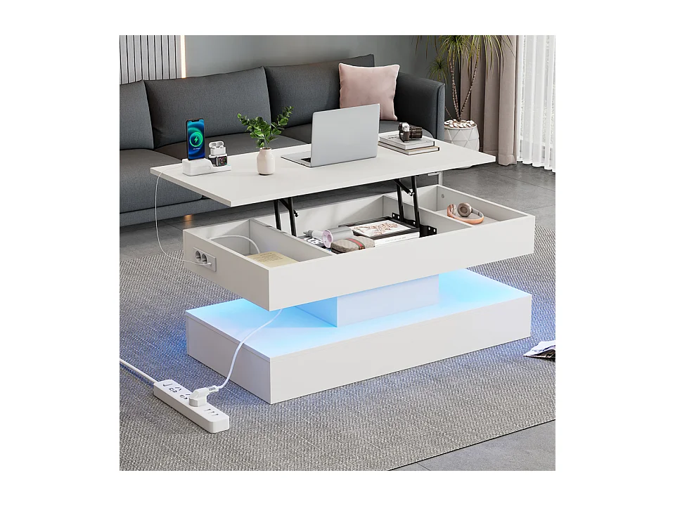 Hochklappbarer Couchtisch - 100 x 50 x 42/56 cm - mit LEDs + verstecktem Stauraum - Spanplatte - weiß