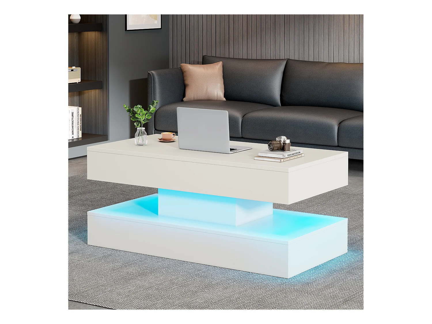 Hochklappbarer Couchtisch - 100 x 50 x 42/56 cm - mit LEDs + verstecktem Stauraum - Spanplatte - weiß