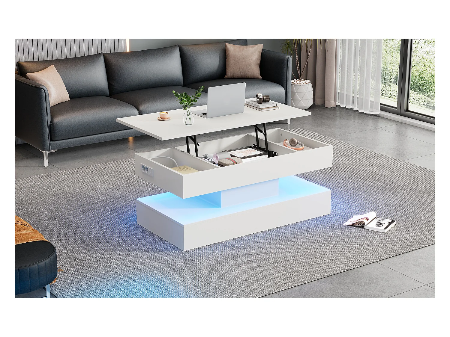 Hochklappbarer Couchtisch - 100 x 50 x 42/56 cm - mit LEDs + verstecktem Stauraum - Spanplatte - weiß