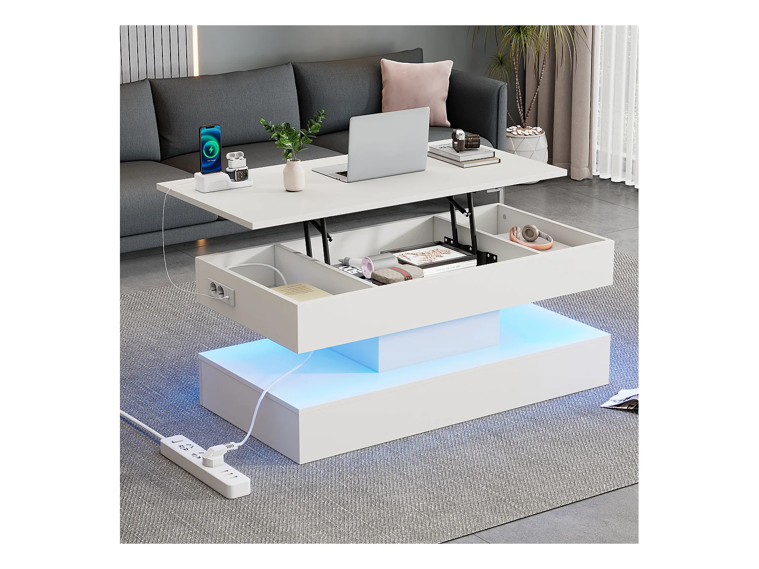 Hochklappbarer Couchtisch - 100 x 50 x 42/56 cm - mit LEDs + verstecktem Stauraum - Spanplatte - weiß