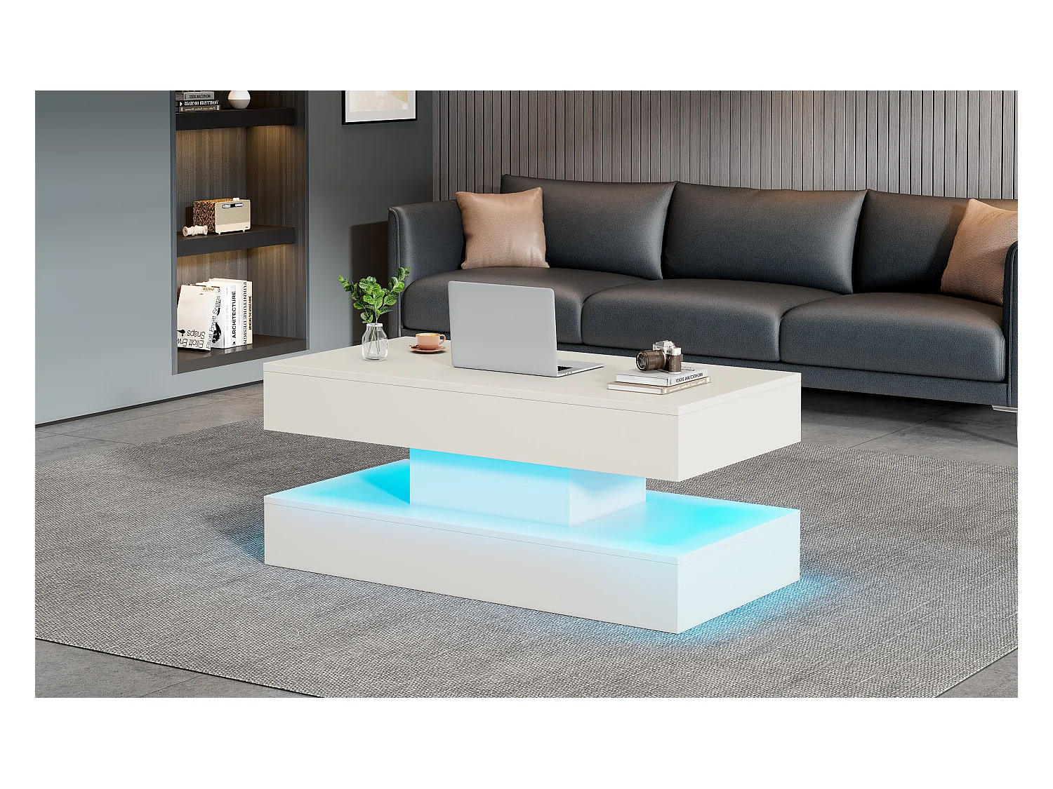 Hochklappbarer Couchtisch - 100 x 50 x 42/56 cm - mit LEDs + verstecktem Stauraum - Spanplatte - weiß