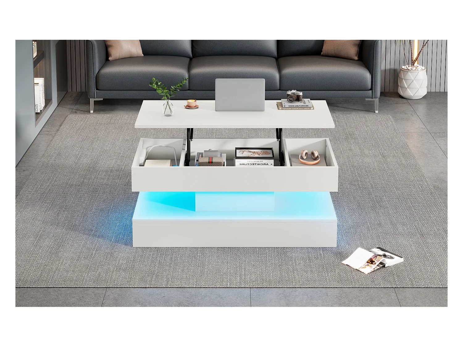 Hochklappbarer Couchtisch - 100 x 50 x 42/56 cm - mit LEDs + verstecktem Stauraum - Spanplatte - weiß