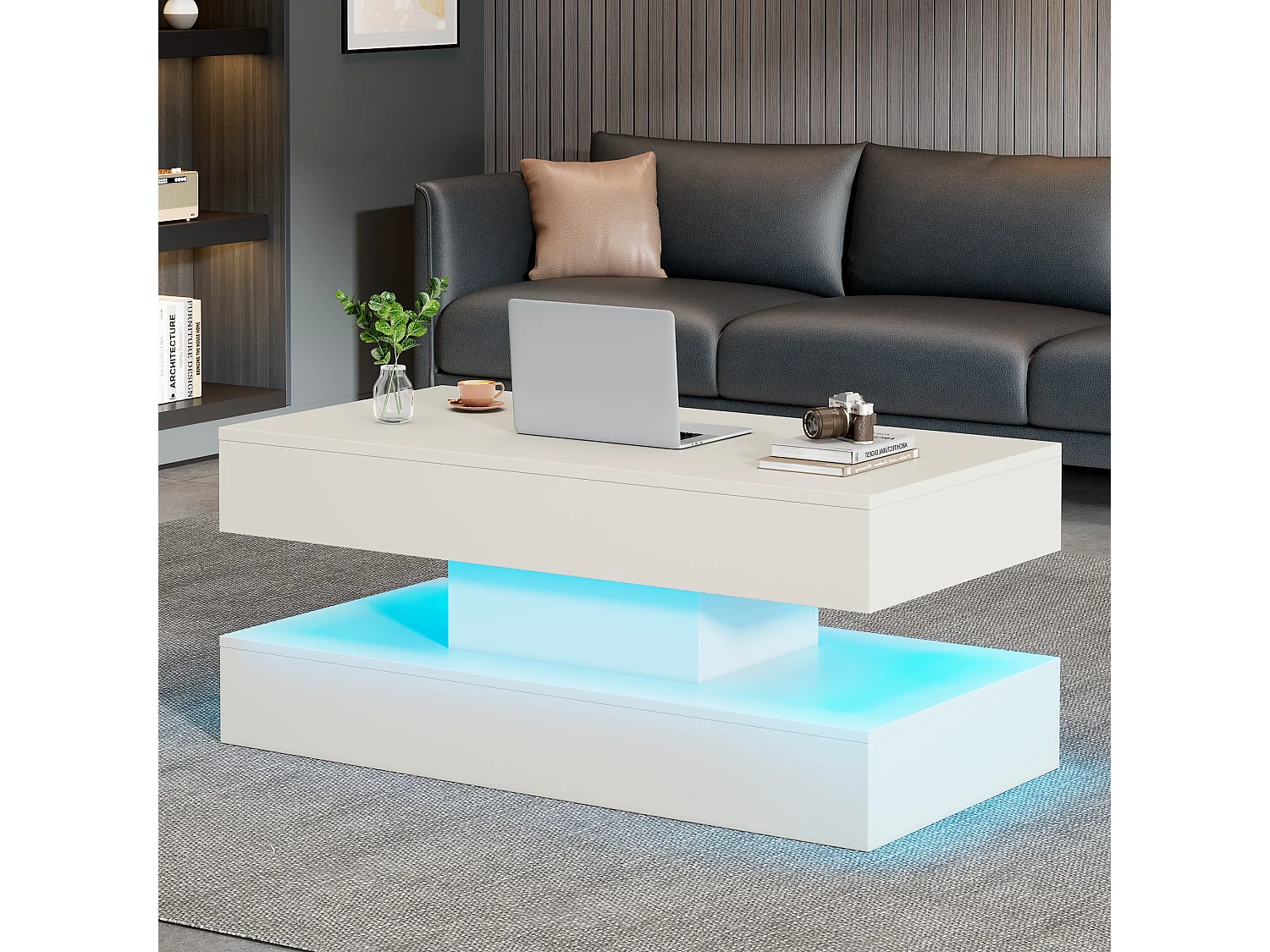 Stolik kawowy podnoszony - 100 x 50 x 42/56 cm - z diodami LED + ukryty schowek - płyta wiórowa - biały