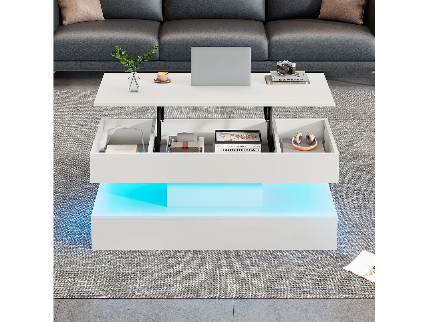 Table basse relevable - 100 x 50 x 42/56 cm - avec Leds + rangement caché - aggloméré - blanc