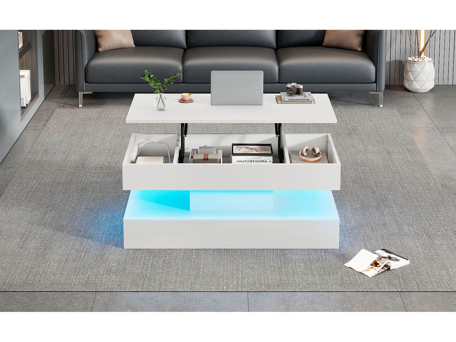 Table basse relevable - 100 x 50 x 42/56 cm - avec Leds + rangement caché - aggloméré - blanc