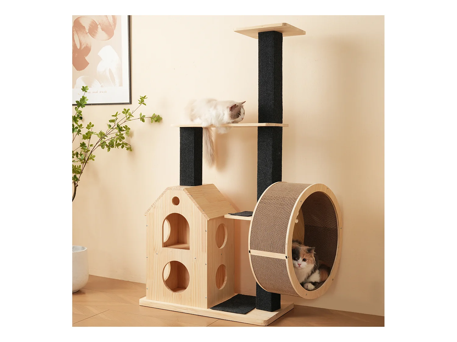 Arbre à chat avec roue d'exercice - 80 x 40 x 152 cm - avec 4 plateformes + 2 maisons + tapis à gratter - bois - naturel