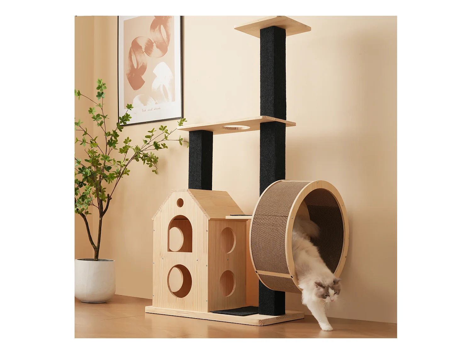 Arbre à chat avec roue d'exercice - 80 x 40 x 152 cm - avec 4 plateformes + 2 maisons + tapis à gratter - bois - naturel