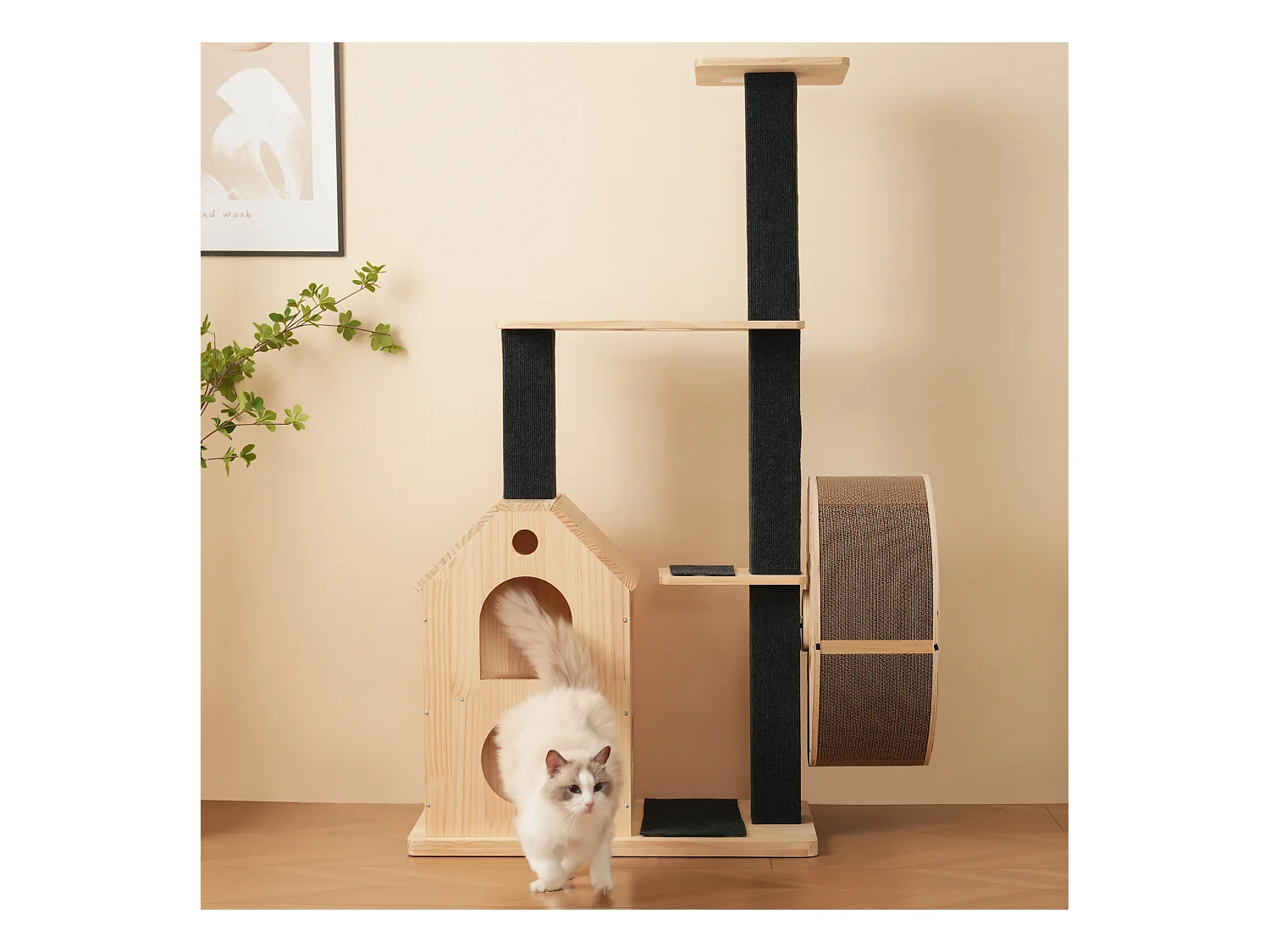Arbre à chat avec roue d'exercice - 80 x 40 x 152 cm - avec 4 plateformes + 2 maisons + tapis à gratter - bois - naturel