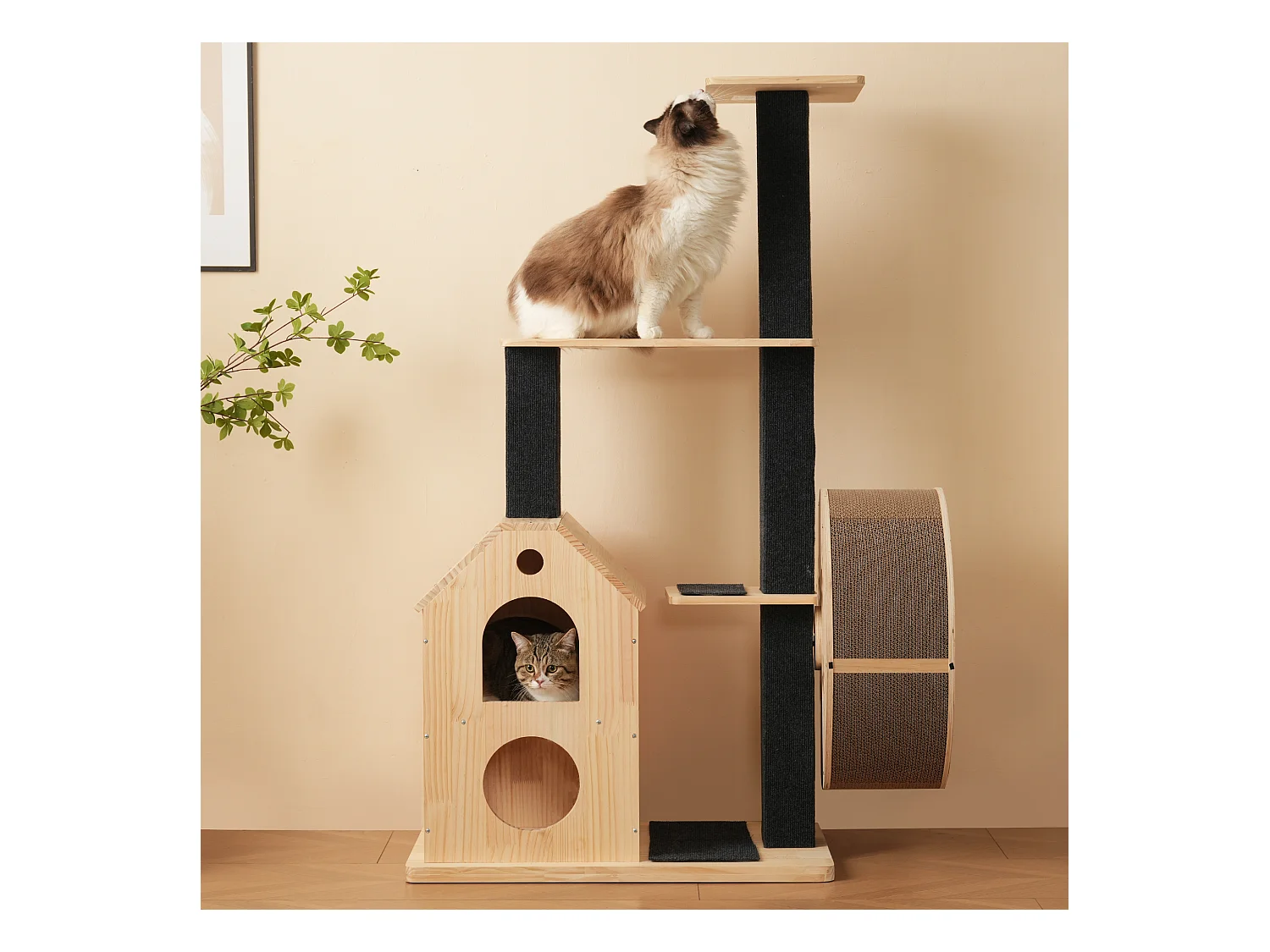 Arbre à chat avec roue d'exercice - 80 x 40 x 152 cm - avec 4 plateformes + 2 maisons + tapis à gratter - bois - naturel