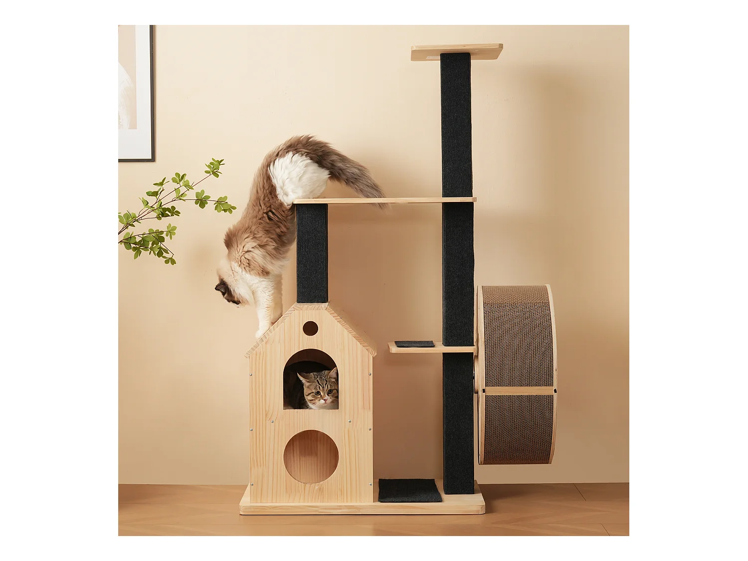 Arbre à chat avec roue d'exercice - 80 x 40 x 152 cm - avec 4 plateformes + 2 maisons + tapis à gratter - bois - naturel