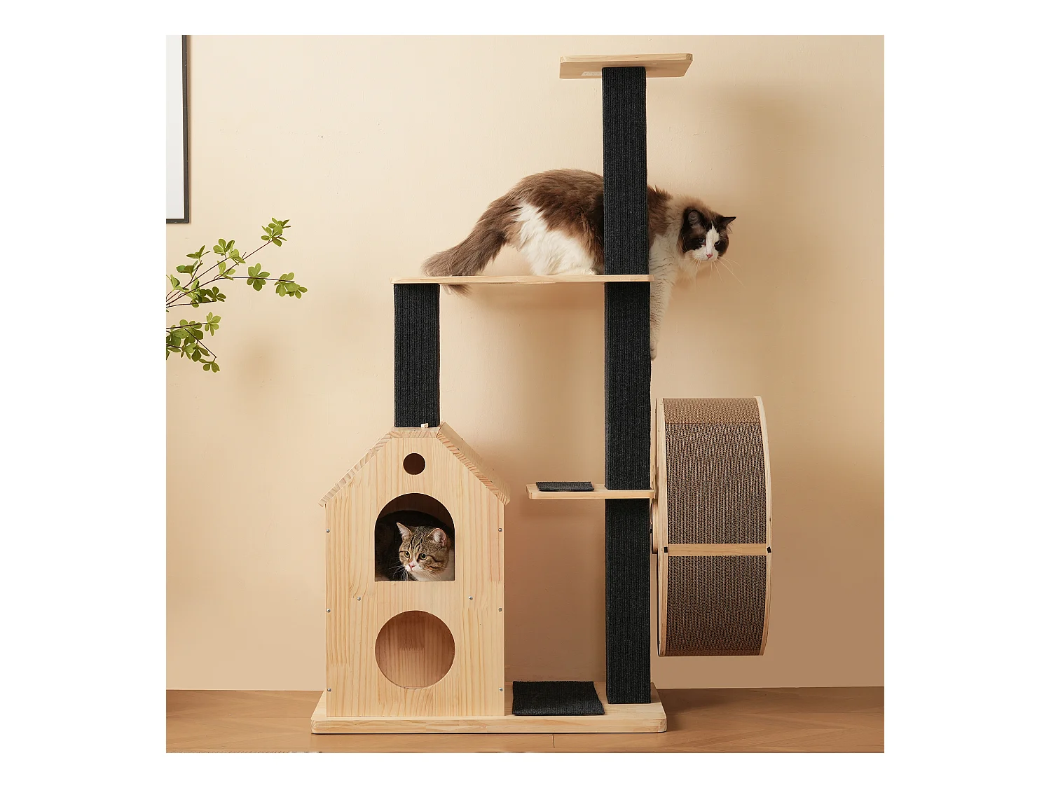 Arbre à chat avec roue d'exercice - 80 x 40 x 152 cm - avec 4 plateformes + 2 maisons + tapis à gratter - bois - naturel