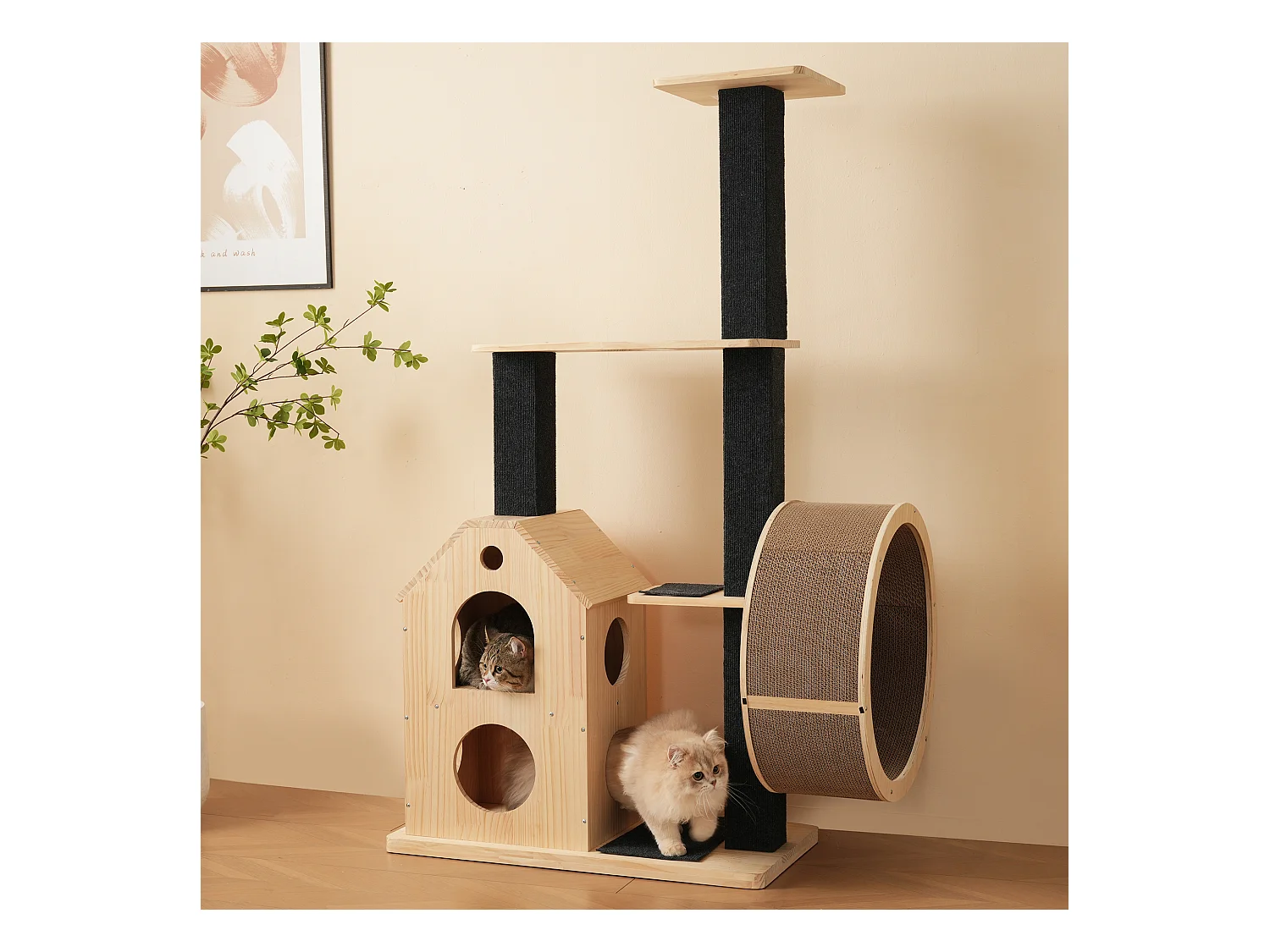 Arbre à chat avec roue d'exercice - 80 x 40 x 152 cm - avec 4 plateformes + 2 maisons + tapis à gratter - bois - naturel
