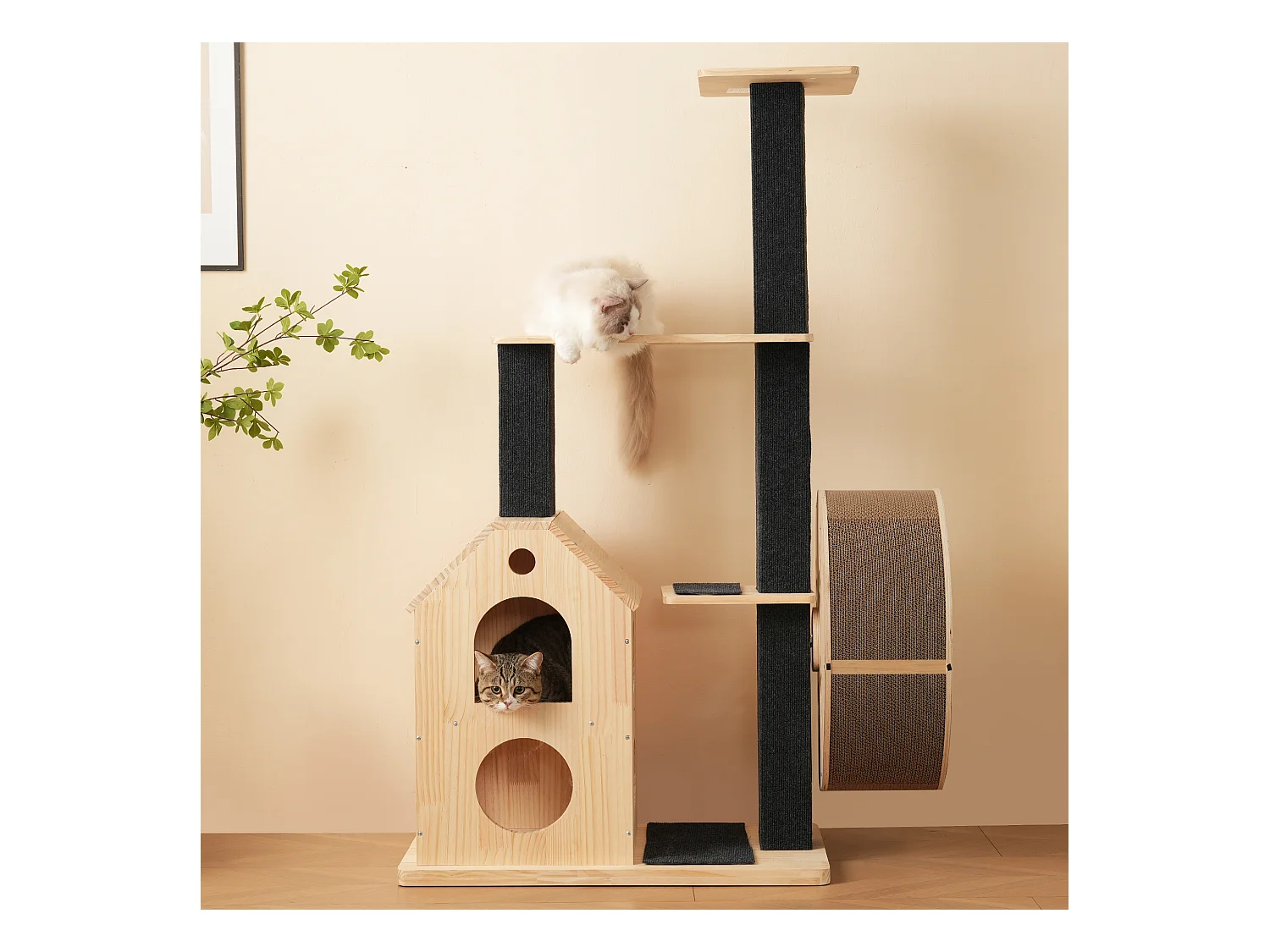 Arbre à chat avec roue d'exercice - 80 x 40 x 152 cm - avec 4 plateformes + 2 maisons + tapis à gratter - bois - naturel