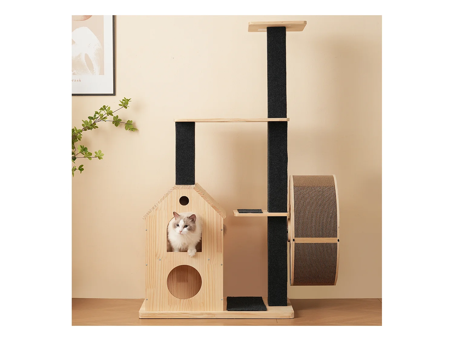 Arbre à chat avec roue d'exercice - 80 x 40 x 152 cm - avec 4 plateformes + 2 maisons + tapis à gratter - bois - naturel