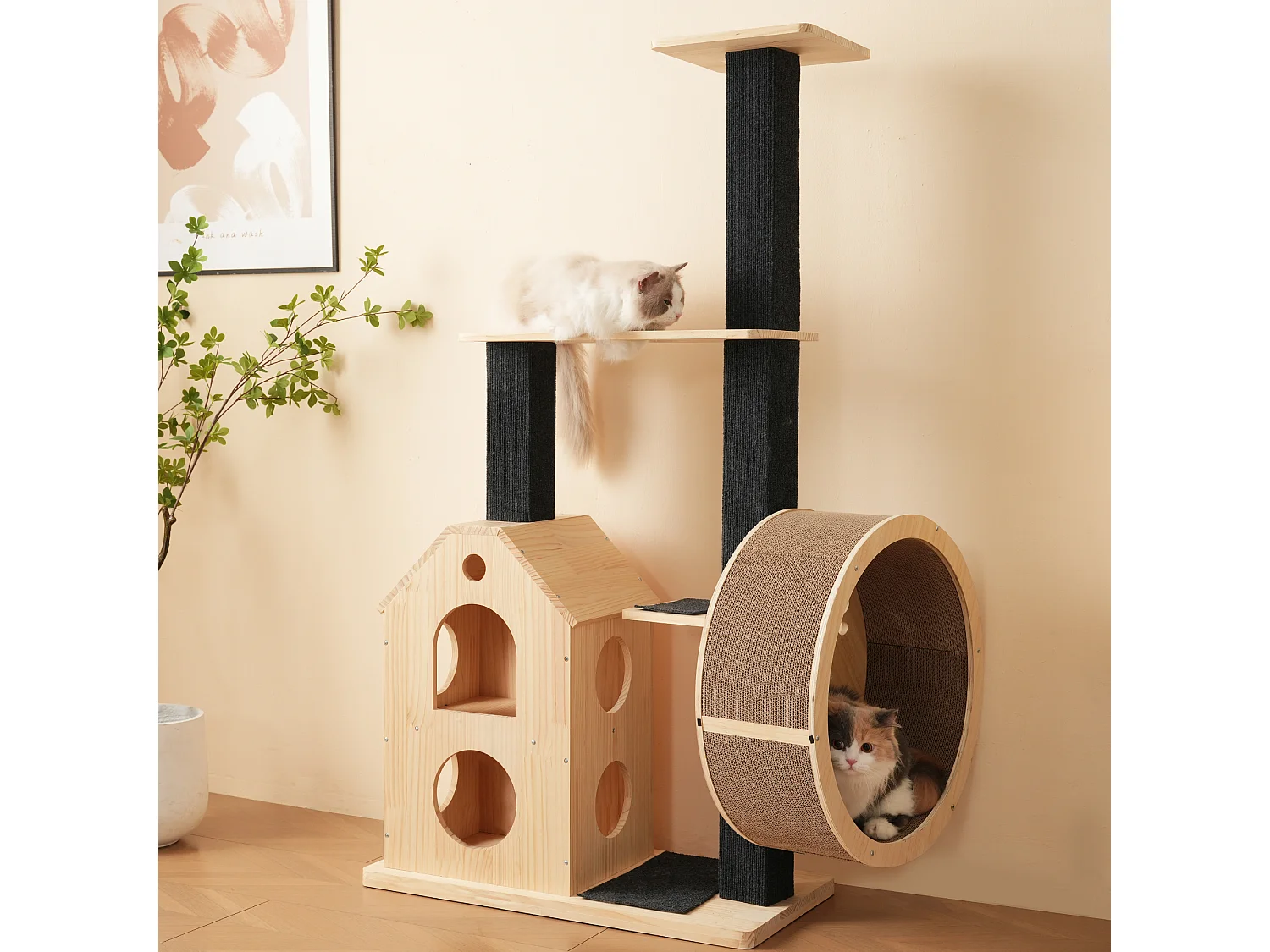 Arbre à chat avec roue d'exercice - 80 x 40 x 152 cm - avec 4 plateformes + 2 maisons + tapis à gratter - bois - naturel