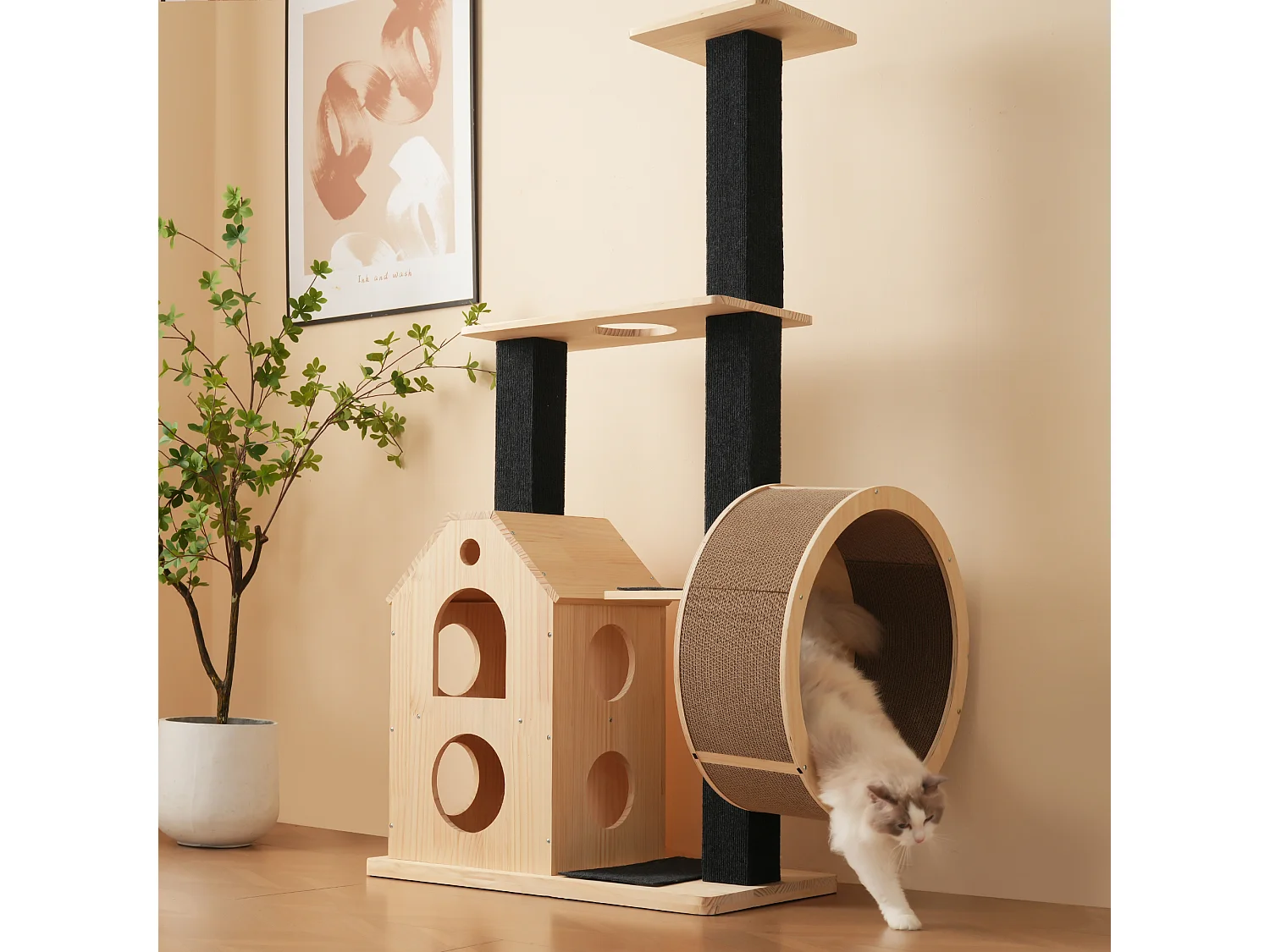 Arbre à chat avec roue d'exercice - 80 x 40 x 152 cm - avec 4 plateformes + 2 maisons + tapis à gratter - bois - naturel