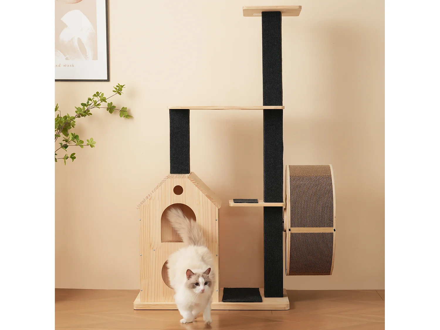 Arbre à chat avec roue d'exercice - 80 x 40 x 152 cm - avec 4 plateformes + 2 maisons + tapis à gratter - bois - naturel
