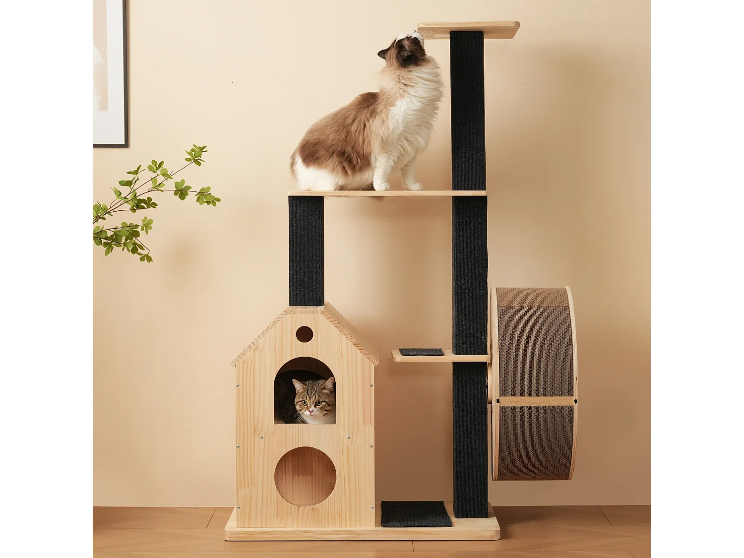 Arbre à chat avec roue d'exercice - 80 x 40 x 152 cm - avec 4 plateformes + 2 maisons + tapis à gratter - bois - naturel
