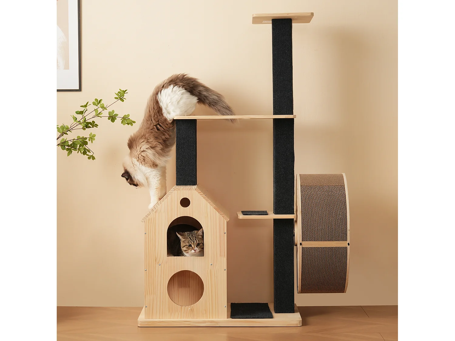 Arbre à chat avec roue d'exercice - 80 x 40 x 152 cm - avec 4 plateformes + 2 maisons + tapis à gratter - bois - naturel