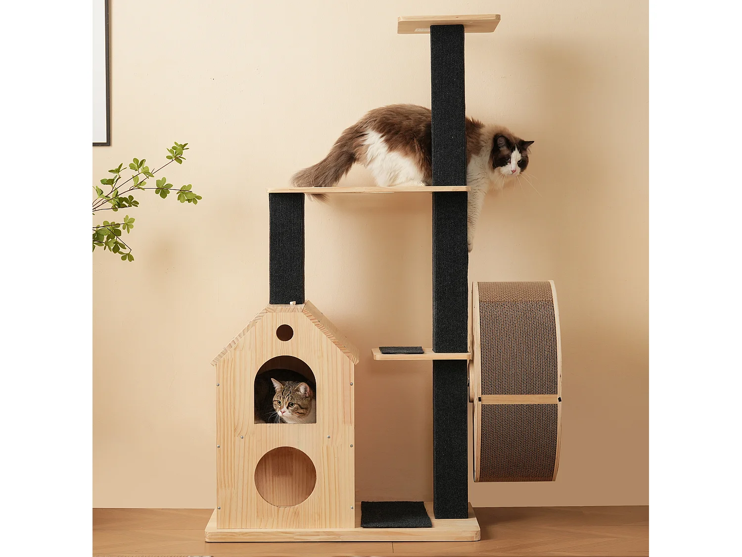 Arbre à chat avec roue d'exercice - 80 x 40 x 152 cm - avec 4 plateformes + 2 maisons + tapis à gratter - bois - naturel