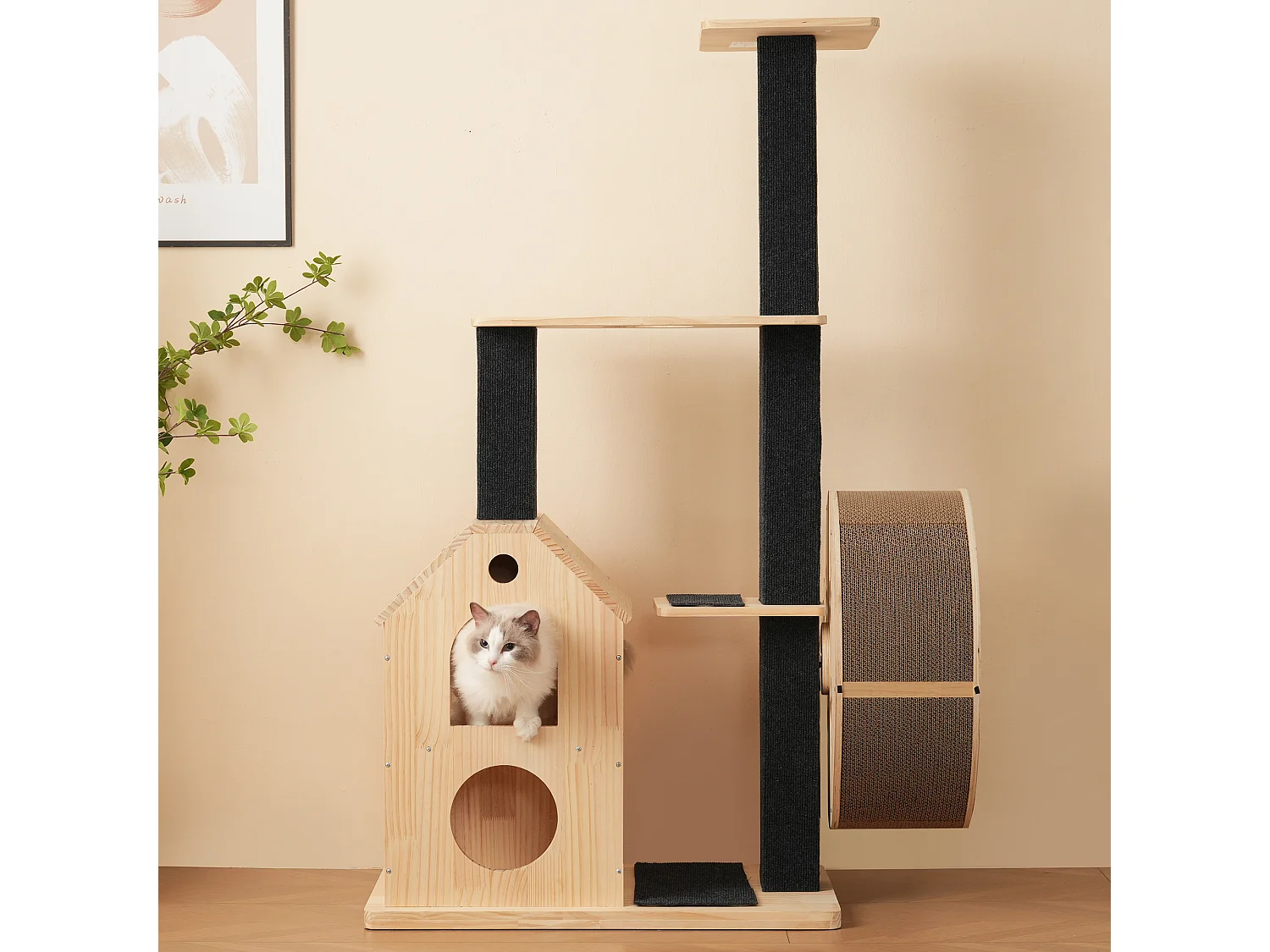 Arbre à chat avec roue d'exercice - 80 x 40 x 152 cm - avec 4 plateformes + 2 maisons + tapis à gratter - bois - naturel