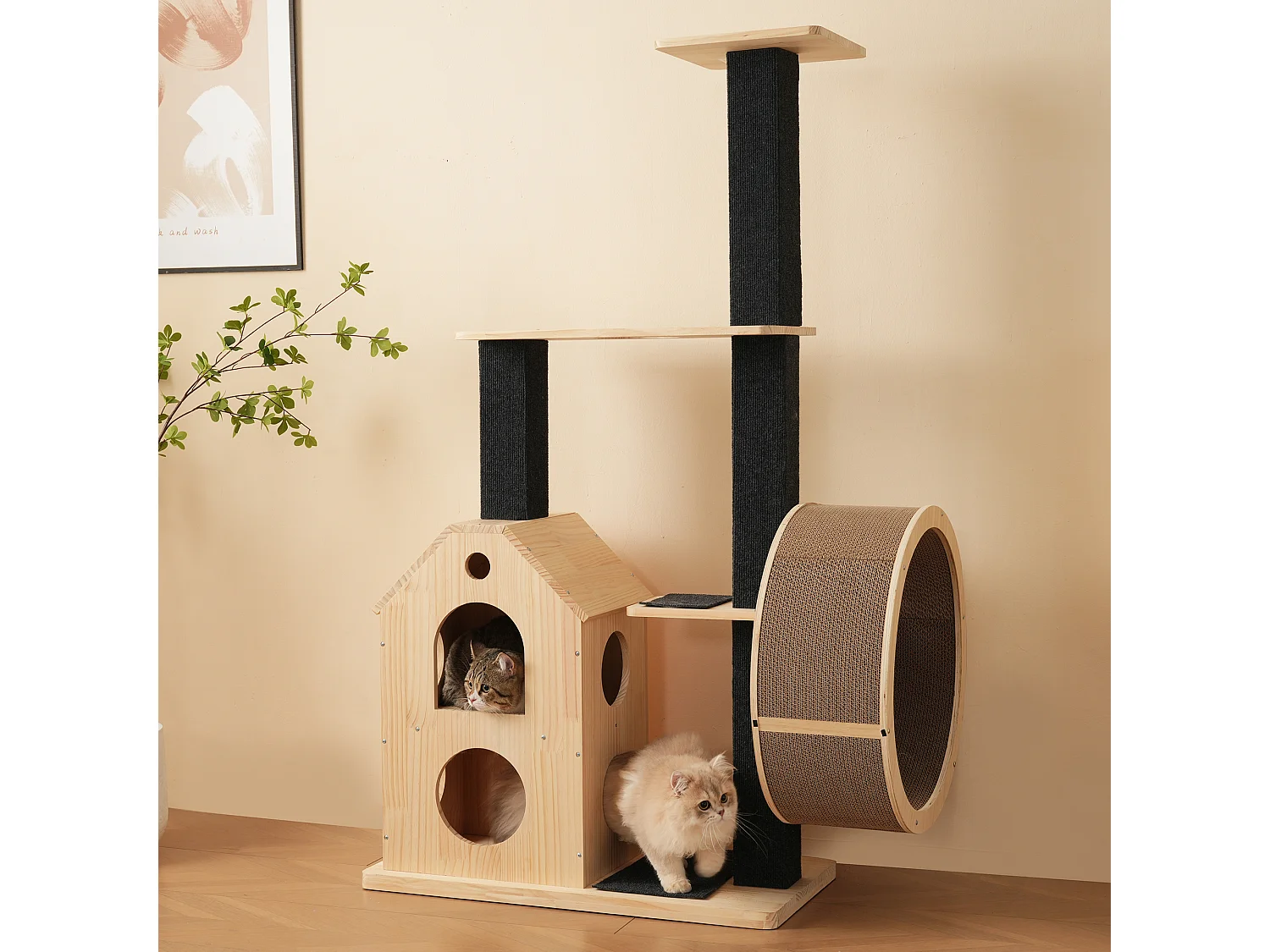 Arbre à chat avec roue d'exercice - 80 x 40 x 152 cm - avec 4 plateformes + 2 maisons + tapis à gratter - bois - naturel