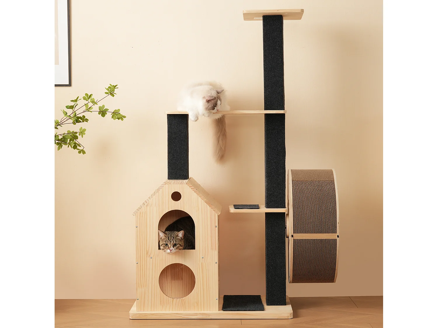 Arbre à chat avec roue d'exercice - 80 x 40 x 152 cm - avec 4 plateformes + 2 maisons + tapis à gratter - bois - naturel