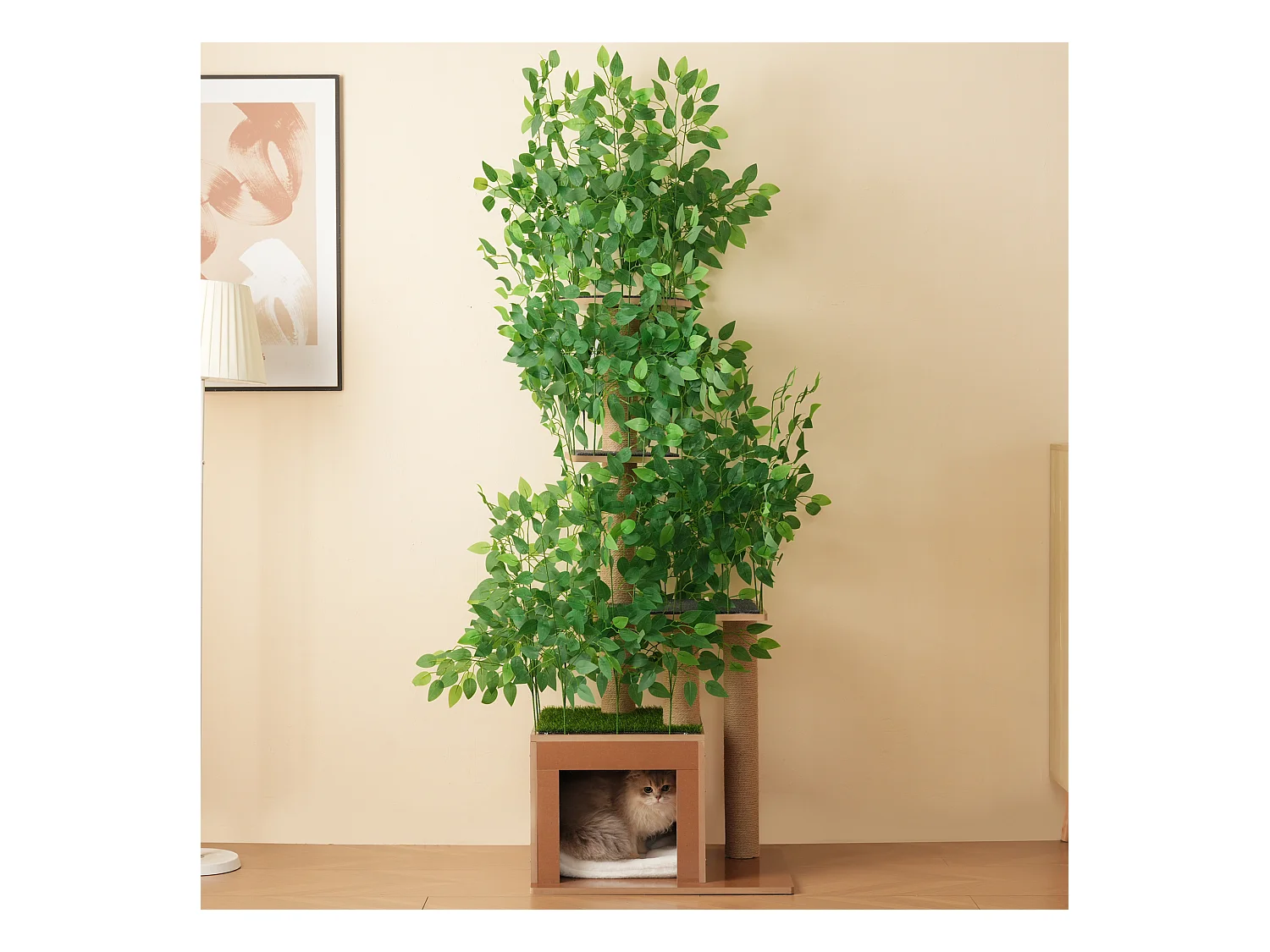 Arbre à chat - 60 x 45 x 190 cm - avec 4 plateformes + trous pour chats - feuilles amovibles - MDF - vert