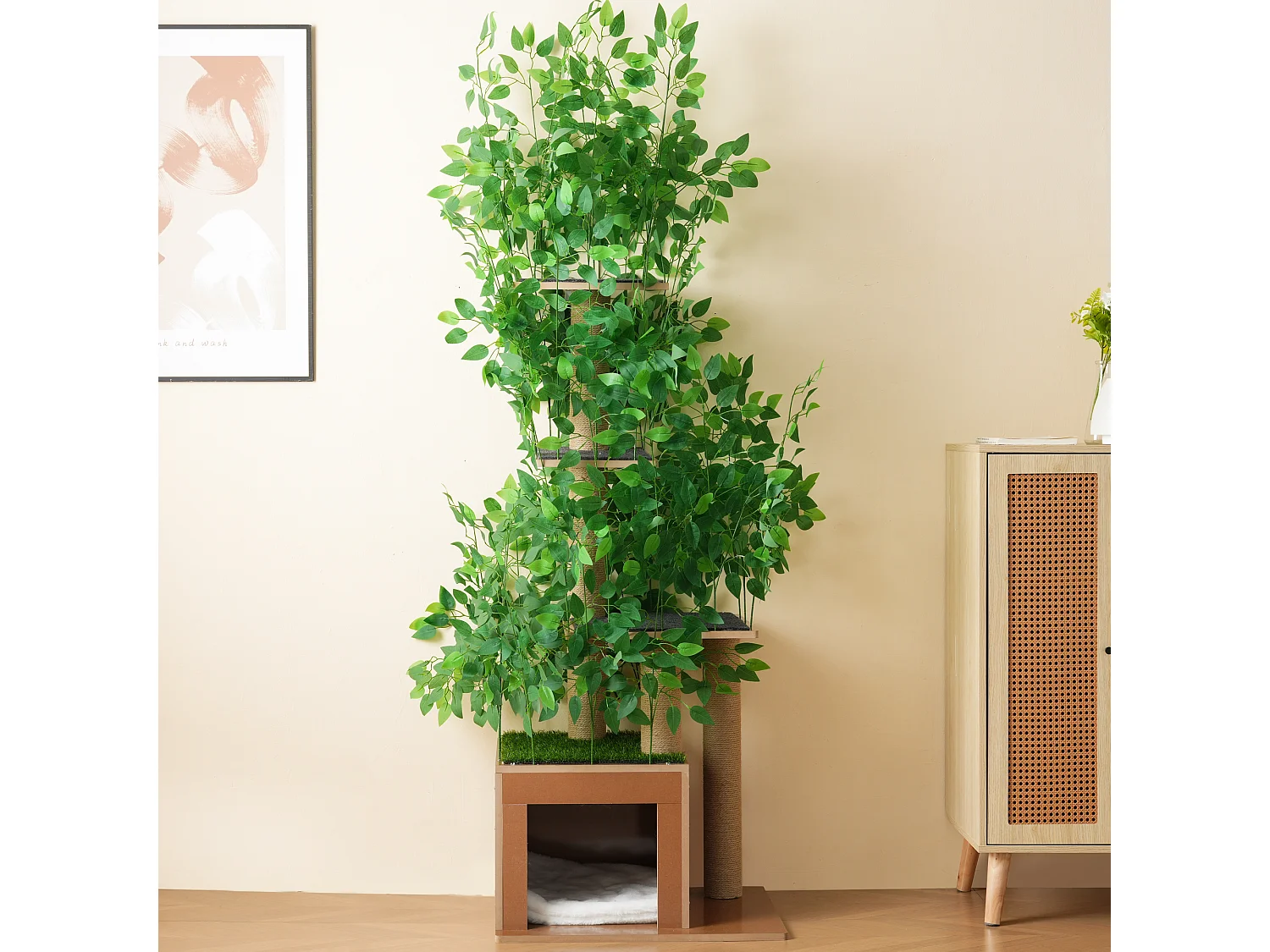 Kratzbaum – 60 x 45 x 190 cm – mit 4 Plattformen + Katzenhöhlen – abnehmbaren Blättern – MDF – Grün