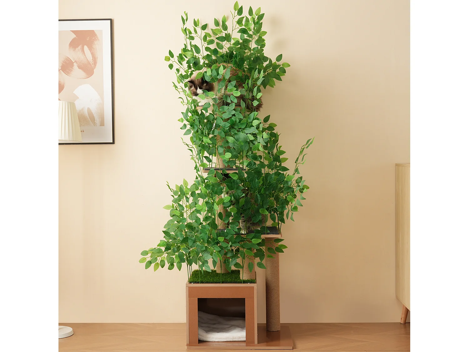 Kratzbaum – 60 x 45 x 190 cm – mit 4 Plattformen + Katzenhöhlen – abnehmbaren Blättern – MDF – Grün