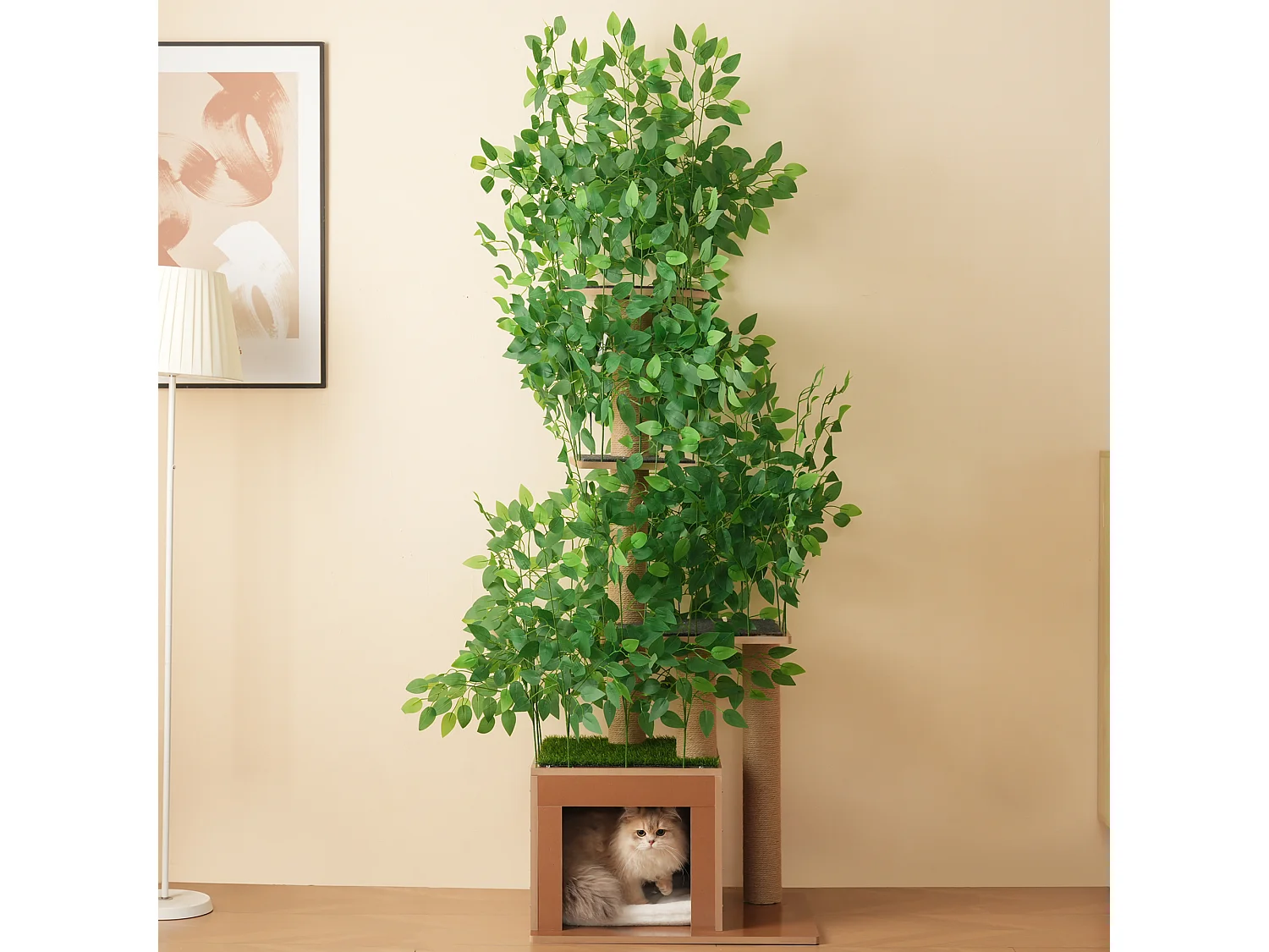 Kratzbaum – 60 x 45 x 190 cm – mit 4 Plattformen + Katzenhöhlen – abnehmbaren Blättern – MDF – Grün