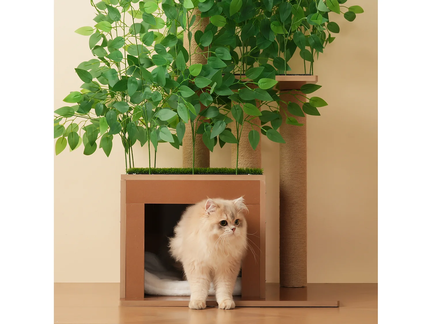 Kratzbaum – 60 x 45 x 190 cm – mit 4 Plattformen + Katzenhöhlen – abnehmbaren Blättern – MDF – Grün