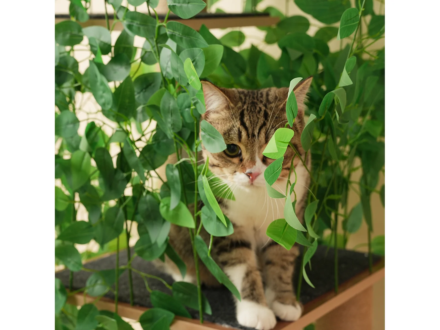 Kratzbaum – 60 x 45 x 190 cm – mit 4 Plattformen + Katzenhöhlen – abnehmbaren Blättern – MDF – Grün