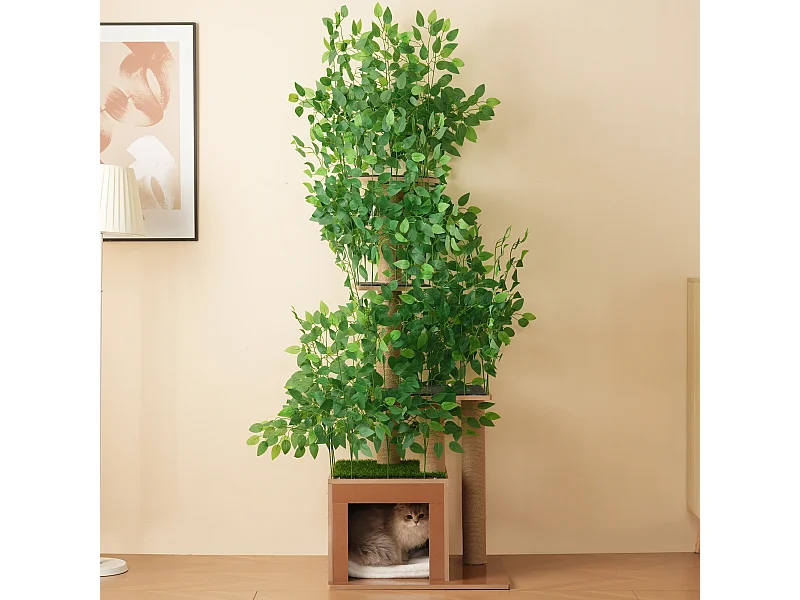 Kratzbaum – 60 x 45 x 190 cm – mit 4 Plattformen + Katzenhöhlen – abnehmbaren Blättern – MDF – Grün